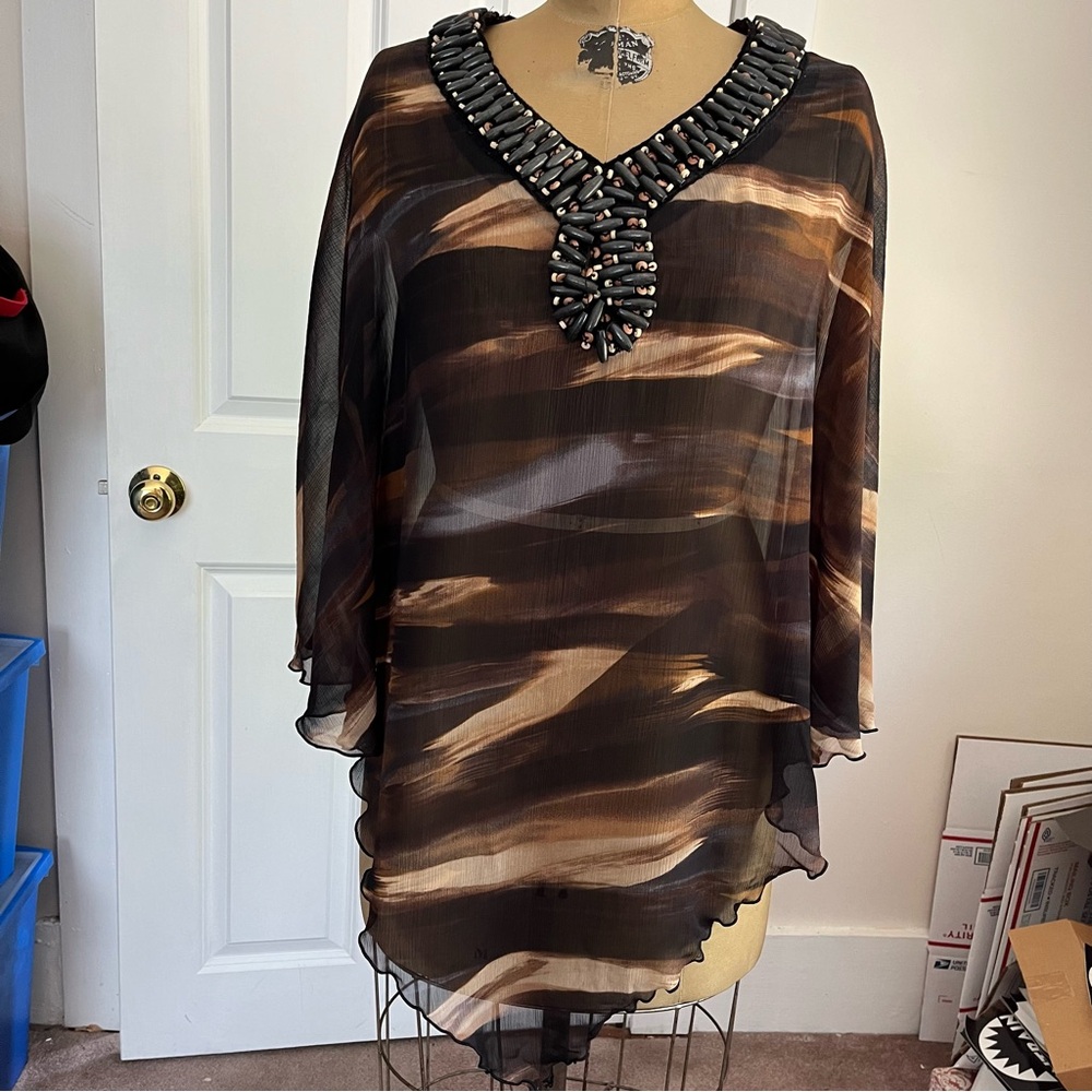 Chico’s Women’s Sheer Beaded V-Neck Poncho Style Coverup